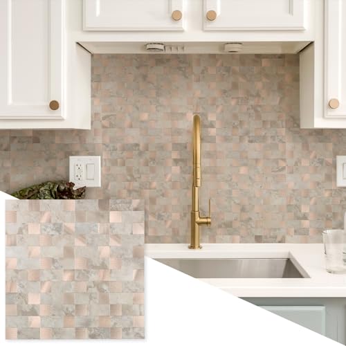 Yipscazo Peel and Stick Backsplash Tile, Stick on Stainless Steel Look Backsplash Metal Tiles for Kitchen Walls in Beige Stone Mixed Metal (12''x12'',10 Sheets) - color: Beige Stone mixed Metal