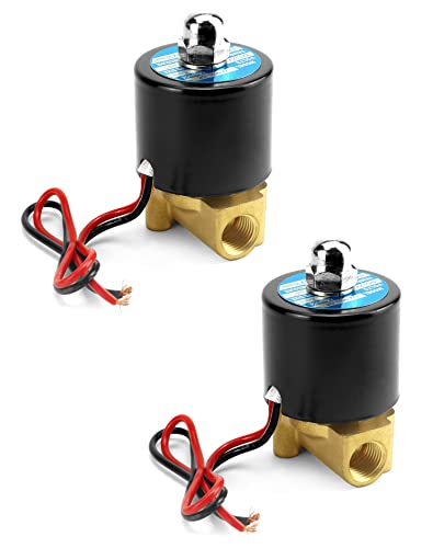 QWORK 1/4" G Thread Brass Electric Solenoid Valve 12V DC Normally Closed, 2 Pack Suitable for Water, Air, Gas, Fuel, and Oil with Gasket