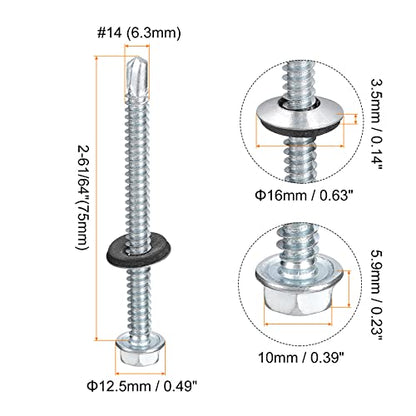 uxcell #14 x 2-61/64" Self Drilling Screws with Rubber Washer, 100pcs Zinc Plated Steel Roofing Screws Hex Head Self Tapping Screws with EPDM Washer for Metal to Metal - size: #14 x 2-61/64"