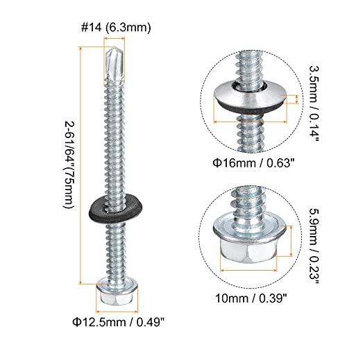uxcell #14 x 2-61/64" Self Drilling Screws with Rubber Washer, 100pcs Zinc Plated Steel Roofing Screws Hex Head Self Tapping Screws with EPDM Washer for Metal to Metal - size: #14 x 2-61/64"