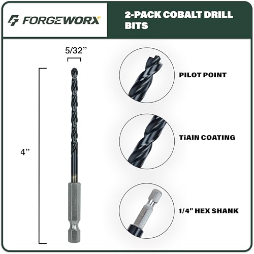 5/32 Inch Cobalt Drill Bits 2pcs Heavy-Duty Metal Drill Bit Set for Steel, Cast Iron, TiAlN Coating, 1/4" Hex Shank (5/32" x 4") - size: 5/32 in