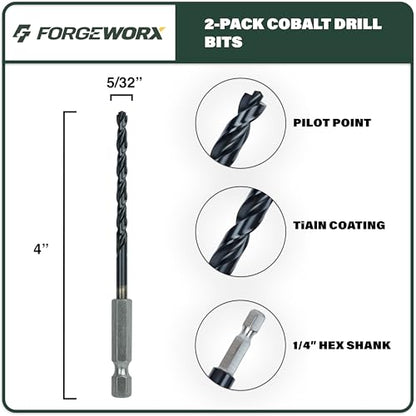 5/32 Inch Cobalt Drill Bits 2pcs Heavy-Duty Metal Drill Bit Set for Steel, Cast Iron, TiAlN Coating, 1/4" Hex Shank (5/32" x 4") - size: 5/32 in