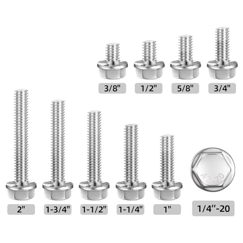 1/4-20 x 2 (15 PCS) Flanged Hex Head Bolts, Flange Washer Head Hexagon Screws, 18-8 Stainless Steel (304), Plain Finish, Full Thread - size: 1/4-20 x 2"