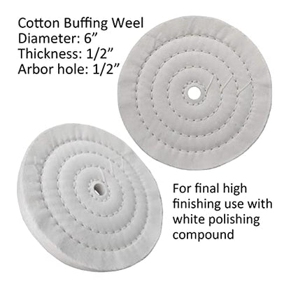 PURUI 6PC 6 Inch Stainless Steel Polishing Buffing Wheel Kit for Bench Grinder,kit with Each 1PC 1/2 Inch Arbor Hole Sisal/Denim/Cotton Wheel and Each 1PC 100g Bar Black/Green/White Polishing Compound