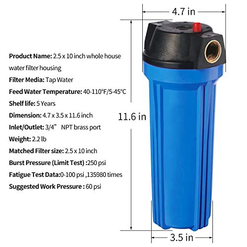 Geekpure 10 Inch Whole House Slim Water Filter Housing - 3/4"NPT Brass Port