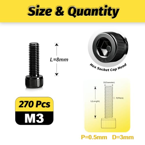 KADRICK 270PCS M3 x 8mm Hex Socket Head Cap Screws, M3-0.5 Fully Threaded - size: M3x8MM 270PCS