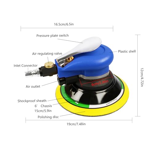 Air Palm Random Orbital Sander, Dual Action Pneumatic Polisher Speed Adjustable Grinding Sanding (Blue, 6inch) - color: Blue, size: 6inch