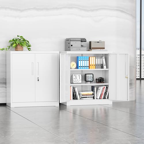 SUNCROWN 36” Metal Storage Cabinets with Doors and 2 Adjustable Shelves, Locking Tool Garage Cabinet, File Cabinets for Home & Office (White) - color: White, size: 36"H x 32"W x 16"D