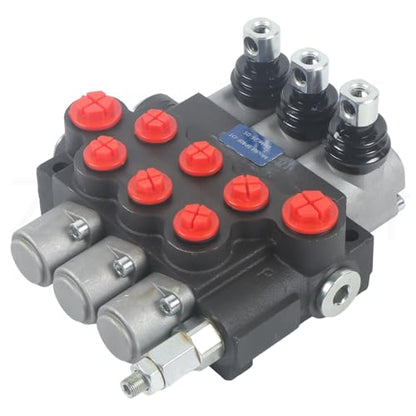 1 Piece Hydraulic Directional Control Valve 3 Spool 11 GPM G Port Adjustable Pressure Relief Lever Handle One-Piece Double Acting Parallel Center 3600 PSI