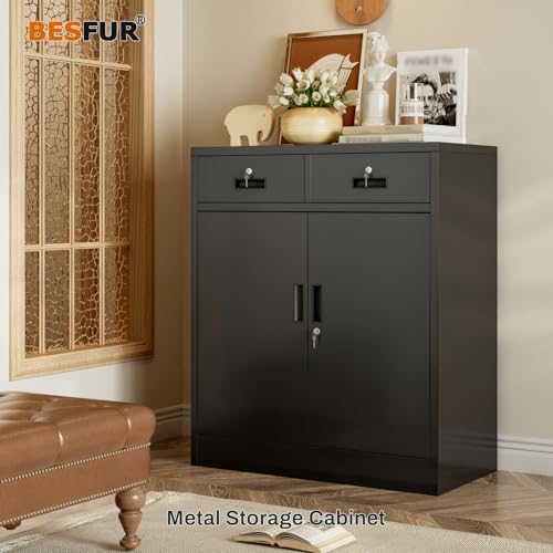 BESFUR Metal Garage Storage Cabinet with Two Lockable Drawers 2 Locking Doors and an Adjustable Shelf, 36" Black Metal Short Storage Cabinet for Home Office,Garage,School,Utility Room - color: Black, size: 36"H x 31.5"W x 16"D