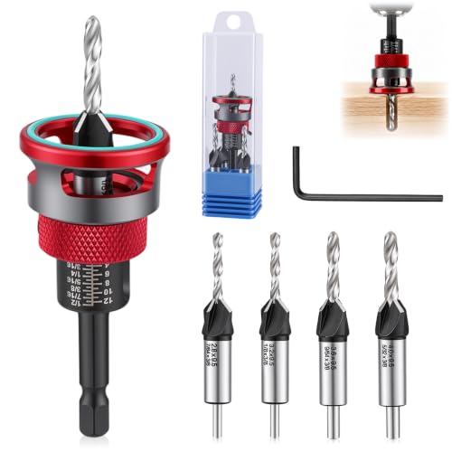 Countersink Drill Bits Set with Adjustable Depth Stop for Woodworking, Red - color: Red