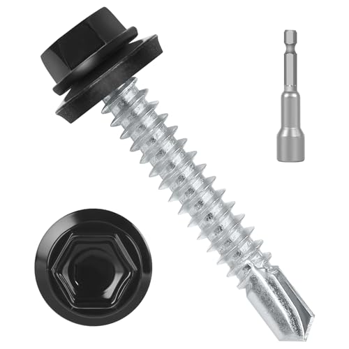 #14 x 1-1/2" (50 PCS) Black Metal Roofing Screws with Rubber Washer, Hex Head Metal to Wood Self Tapping Siding Screws, Self Drilling Sheet Metal Screw, Hex Bit Socket Included - size: #14 x 1-1/2"