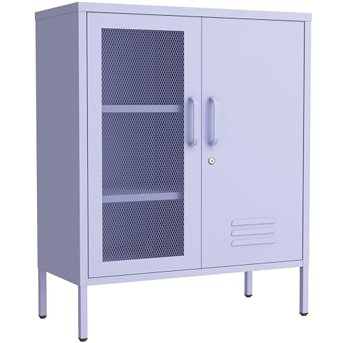 Purple Lockable Mesh & Metal Door Storage Cabinet, 3-Tier Heavy Duty Steel Locker with 2 Adjustable Shelves, Accent Cabinet for Living Room, Home Office, 33" H x 29.5" W x 13.8" D - color: Lilac, style: Cabinet-33"H-SW