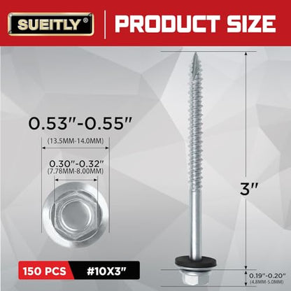 #10 x 3 Metal Roofing Screws, 150 PCS Hex Head Self Drilling Roof Screws - size: #10 x 3"