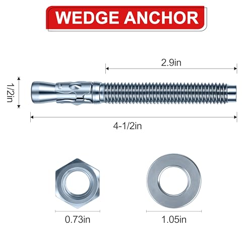 1/2 x 4-1/2 inch Wedge Anchors, 12 pcs Concrete Screw and Anchor Kit, Galvanized Concrete Anchors, Concrete Wall Anchors and Brick Anchors, Suitable for Concrete Floors and Walls - size: 1/2 x 4-1/2In