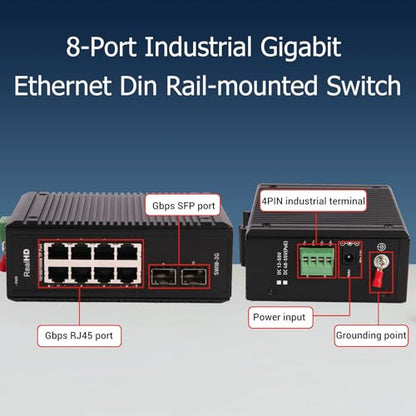 Industrial Ethernet Switch, 10-Port Gigabit Din Rail Switch Hardened, 1000Mbps, 8 Ethernet Ports + 2 SFP Port, Din Rail & Wall Mountable (-40 to 185 F), 20Gbps Switching Capacity, with UL Power Supply