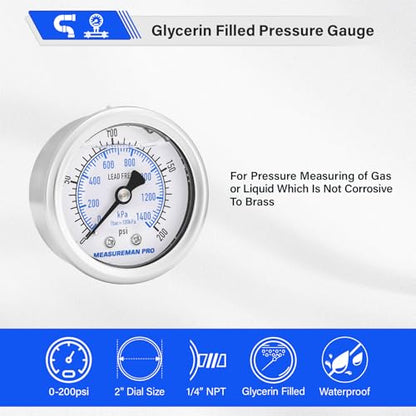 MEASUREMAN PRO 2" Dial Size, Glycerin Filled Pressure Gauge, 0-200psi/kpa, 304 Stainless Steel Case, 1/4" NPT Back Mount,for Air Compressor, Shock, Water System, Well Pump, Tank, Pipe, Pressure Test - size: 2'' (Back Mount), style: 0-200 psi