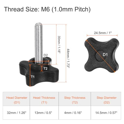 HARFINGTON 6pcs Star Clamping Knobs M6 x 30mm Metric Male Thread 32mm 4-Point Plastic Head Threaded Stud Knob Hand Tightening Thumb Screw Jig Handle, Black - size: M6 x 30mm x 32mm