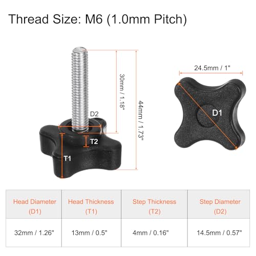 HARFINGTON 6pcs Star Clamping Knobs M6 x 30mm Metric Male Thread 32mm 4-Point Plastic Head Threaded Stud Knob Hand Tightening Thumb Screw Jig Handle, Black - size: M6 x 30mm x 32mm