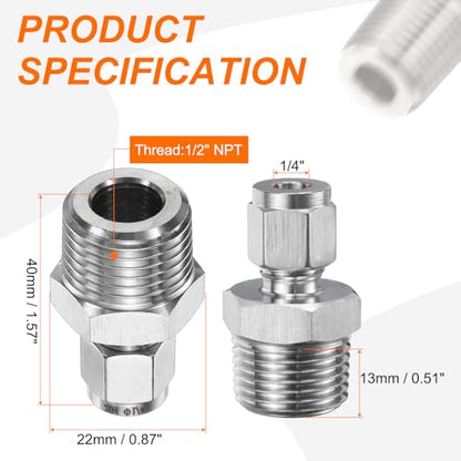 HARFINGTON 2pcs Compression Fittings 1/4" Tube OD x 1/2" NPT Male Thread Stainless Steel Straight Coupler Adapter Compression Tube Pipe Fittings Connector for Oil Gas Water - size: 1/4" OD x 1/2" NPT