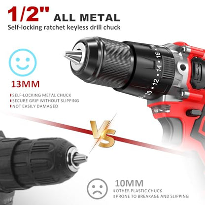 1060In·lbs 21V Brushless Cordless Power Hammer Drill Driver Set - color: Red