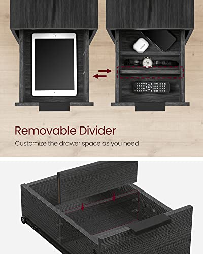 VASAGLE Side End Table with Charging Station, Slim Nightstand with Storage - color: Charcoal Gray + Ink Black, size: 23.6"D x 13.8"W