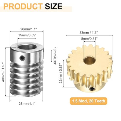 uxcell Worm Gear Set 20T 1.5 Module 20:1 Reduction Rate, Right Rotation Drive Gear Box Wheel Reduce Transmission Part (Brass Gear-8mm Bore, #45 Steel Rod 15mm Bore) - size: 8mm x 15mm