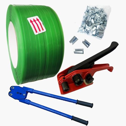 Banding Strapping Kit with 1/2" X3200 ft Green Polyester (PET) Band 200 Metal Seals Tensioner Sealer Tool for Pallet Box Packaging - style: Green PET-kit-1/2"X3200'