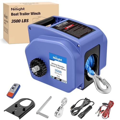 Nilight Boat Trailer Winch 3500 lbs Portable Electric Boat Winches 12 V DC Marine Winch with Synthetic Rope Remote Control Hand Crank Power-in Freewheel Waterproof Winch for Boat Trailer Towing, Blue - color: Blue, size: Synthetic Rope
