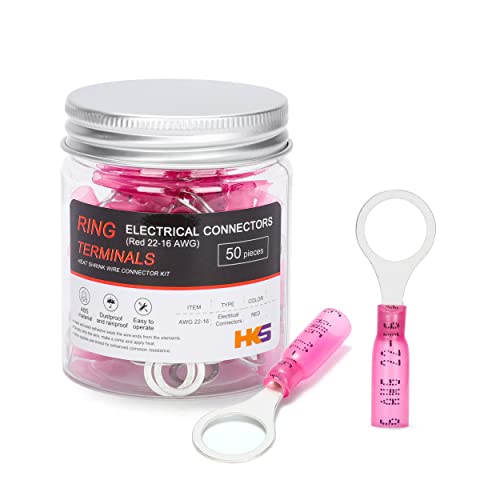 HKS 50 PCS Ring Terminals 3/8" Red 22-16 AWG - M10 - Electrical Connectors - Heat Shrink Wire Connector Kit - Tinned Red Copper - Automotive Marine Ring Connectors - Waterproof and Insulated - color: Red, size: 3/8" (M10)