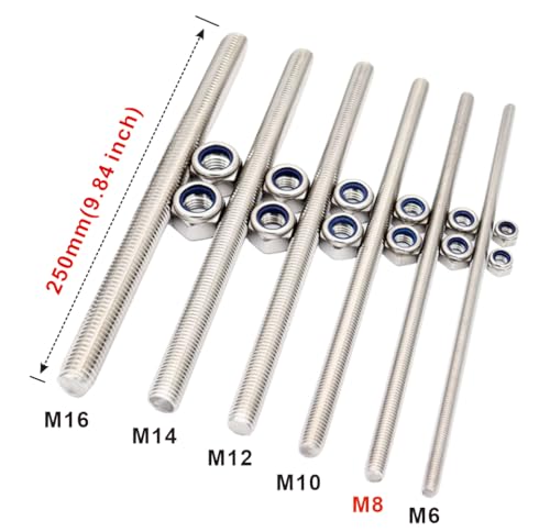 M8x250mm Threaded Rod 2pcs 304 Stainless Steel Fully Metric Threaded Rod - size: M8*250mm