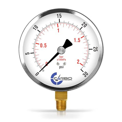 Carbo 30 PSI Dry Pressure Gauge with NIST Traceable Certificate, Calibrated in USA Lab, 4" Dial, 1/4 NPT Lower Mount, ASME Grade A, Steel Case, Brass Wetted Parts, PSI/Bar - size: 0-30 PSI, style: NIST TRACEABLE