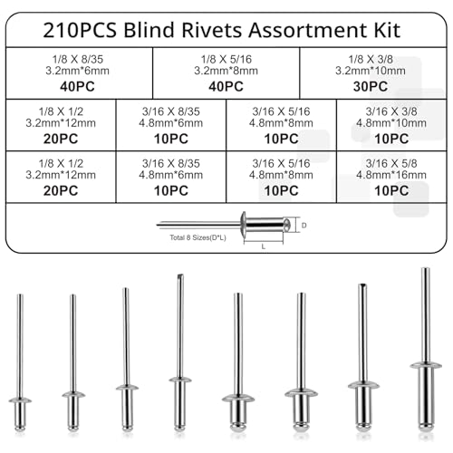 Proster 210pcs Aluminum Rivet Assortment - 8 Sizes 1/8"-3/16" with Case