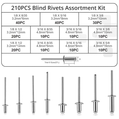 Proster 210pcs Aluminum Rivet Assortment - 8 Sizes 1/8"-3/16" with Case