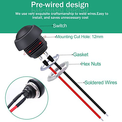 Twidec/2Pcs 12mm 1/2" Mounting Hole On Off Mini Round Waterproof Momentary Push Button Switch Black with Pre-soldered Wires PBS-33B-BK-X-2PCS - color: Black-12mm-2PCS, size: Momentary