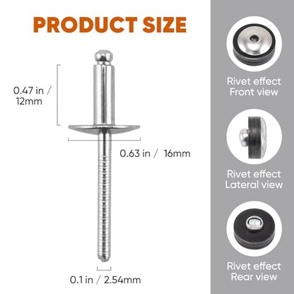 100pcs All Stainless Steel Large Flange Blind Rivets, 3/16 * 1/2" Open End Stainless Steel Pop Rivet, 4.8 * 12 - color: Stainless Steel, size: 3/16"*1/2"