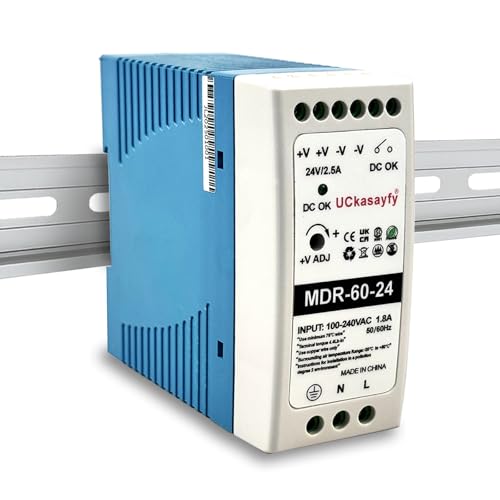 MDR-60-24 DIN Rail Power Supply 24V 2.5A 60W Single Output, Input 100-240V AC 50/60Hz, Industrial AC/DC Switching Converter