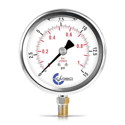 Carbo 15 PSI Liquid Filled Pressure Gauge with NIST Traceable Certificate, Calibrated in USA Lab, 4" Dial, 1/4 NPT Lower Mount, ASME Grade A, 304 SS Case, Brass Wetted Parts, PSI/Bar - size: 0-15 Psi, style: NIST TRACEABLE