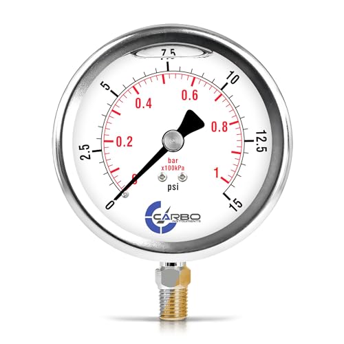 Carbo 15 PSI Liquid Filled Pressure Gauge with NIST Traceable Certificate, Calibrated in USA Lab, 4" Dial, 1/4 NPT Lower Mount, ASME Grade A, 304 SS Case, Brass Wetted Parts, PSI/Bar - size: 0-15 Psi, style: NIST TRACEABLE