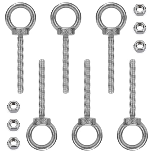 6 Pack M6 Eye Bolts, 2" Thread Stainless Steel with Nuts - size: M6*50