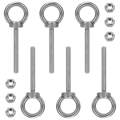6 Pack M6 Eye Bolts, 2" Thread Stainless Steel with Nuts - size: M6*50