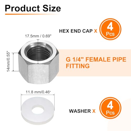 uxcell 4pcs Hex End Cap 304 Stainless Steel Nut with Washer, G1/4" Female Thread Pipe Fitting, Gas Line Water Line Stop Valve Cap Tubing Ends for Plumbing Fittings, Silver Tone - size: G1/4"