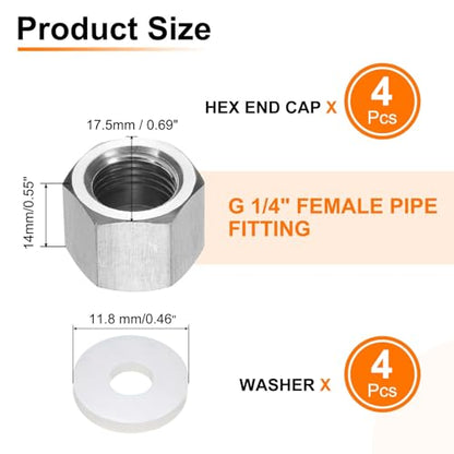 uxcell 4pcs Hex End Cap 304 Stainless Steel Nut with Washer, G1/4" Female Thread Pipe Fitting, Gas Line Water Line Stop Valve Cap Tubing Ends for Plumbing Fittings, Silver Tone - size: G1/4"