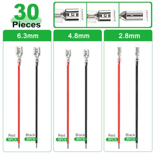 Twidec/30PCS 2.8mm 4.8mm 6.3mm Female Spade Crimp Terminal,Electrical Insulated Terminals with 20cm Cable,Quick Connectors with Insulating Sleeve Red＆Black Female Spade Connector Kit - size: 2.8/4.8/6.3mm