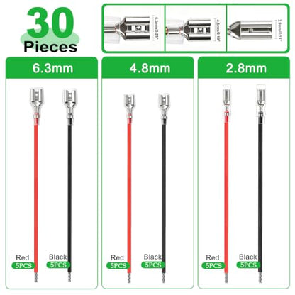 Twidec/30PCS 2.8mm 4.8mm 6.3mm Female Spade Crimp Terminal,Electrical Insulated Terminals with 20cm Cable,Quick Connectors with Insulating Sleeve Red＆Black Female Spade Connector Kit - size: 2.8/4.8/6.3mm