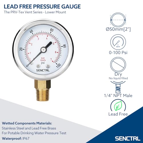 SENCTRL 0-100 Psi Lead-Free Pressure Gauge, 1/4" NPT Lower Mount - size: 0-100Psi, style: Lower Mount (Lead Free)