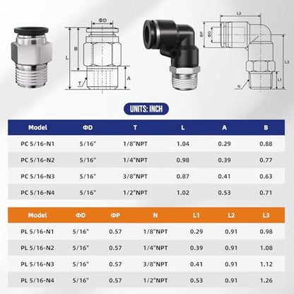 1/4 Push to Connect Fittings npt Thread to 5/16 Air Line quick - size: 5/16"OD x 1/4"NPT
