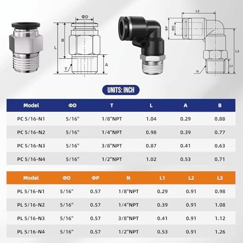 1/8 Push to Connect Fittings npt Thread to 5/16 Air Line quick - size: 5/16"OD x 1/8"NPT