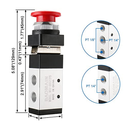 Baomain Pneumatic Mechanical Valve MSV-86522PB 1/4"PT 2 Position 5 Way Momentary Mushroom Button - size: Red Mushroom (5-Way)