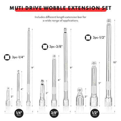 BILITOOLS 9Pcs Hex Wobble Extension Set, 1/4 3/8 1/2 Drive, Cr-V Steel - style: Hex Wobble Extension Set